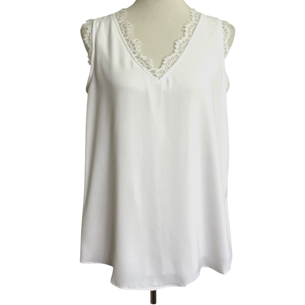 HARHAY Lace Trim V-Neck Tank Top Women Size M White